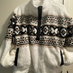 Cozy White and Black Patterned Fleece Pullover
